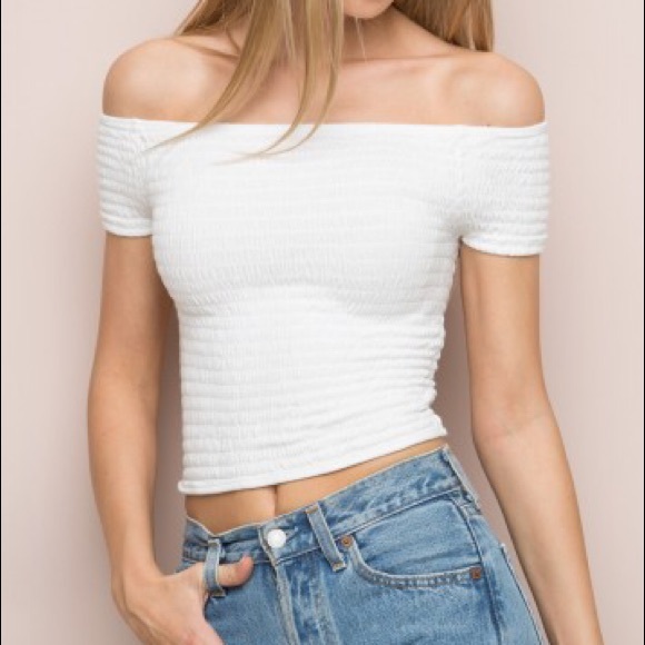 white off the shoulder smocked top